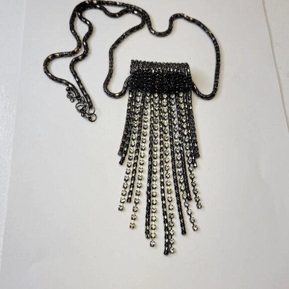 Gunmetal Tone Long Necklace with Crystal tassels - Picture 2 of 16